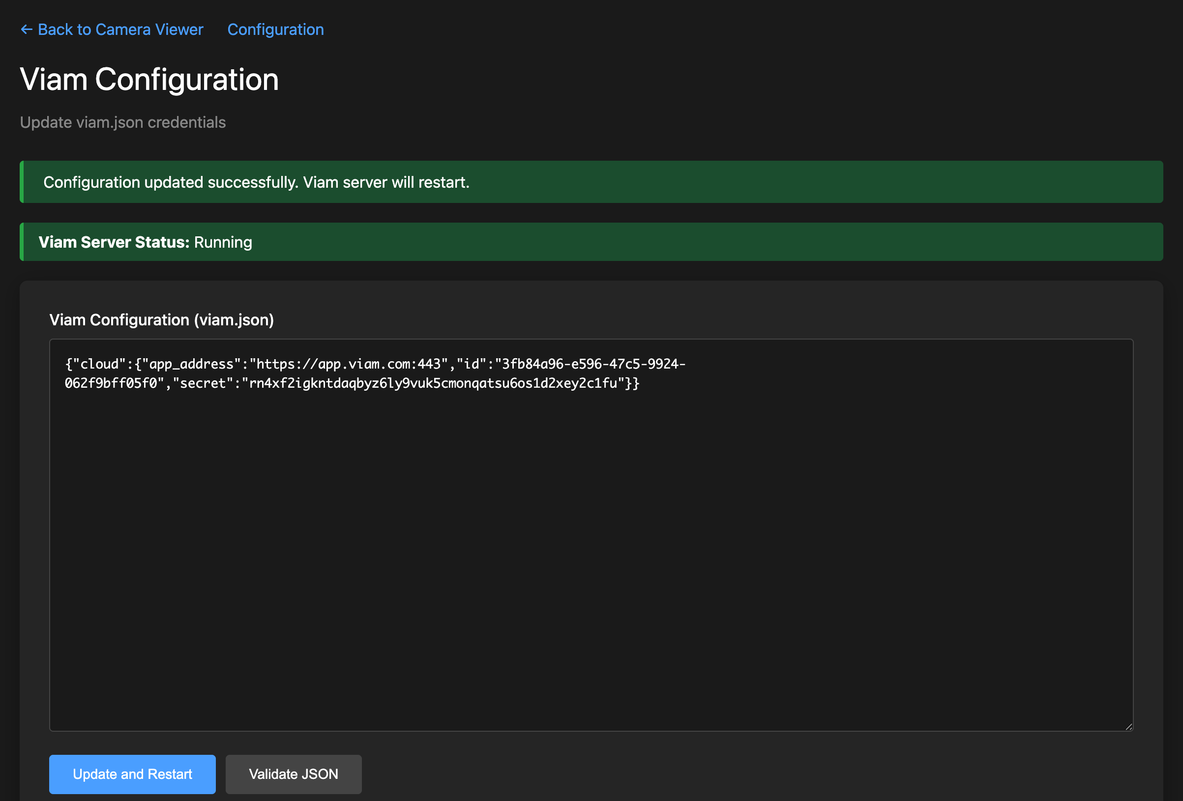Simulation configuration page after restart, showing a green 'Configuration updated successfully' banner and Viam Server Status: Running.